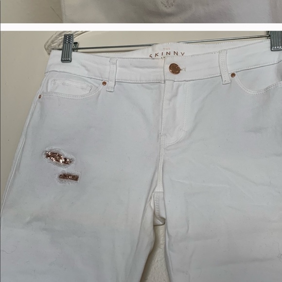 WHBM White Destructed Rose Gold Sequin Jeans - Picture 2 of 2